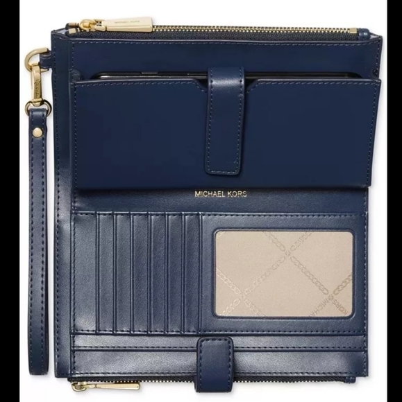 Michael Kors Jet Set Logo Center Stripe Double Zip Wristlet Blue - Picture 2 of 3